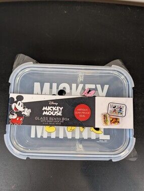 Disney Mickey Mouse Glass Bento Box 3 Compartment Snap Lock Lid 34.1oz New Seale